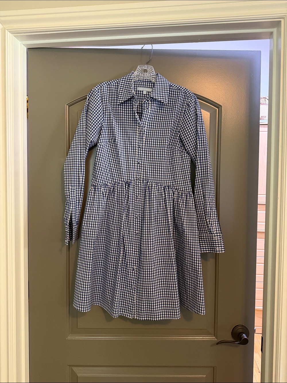 ANTONIO MELANI Navy and White Gingham Long Sleeve Shirt Dress